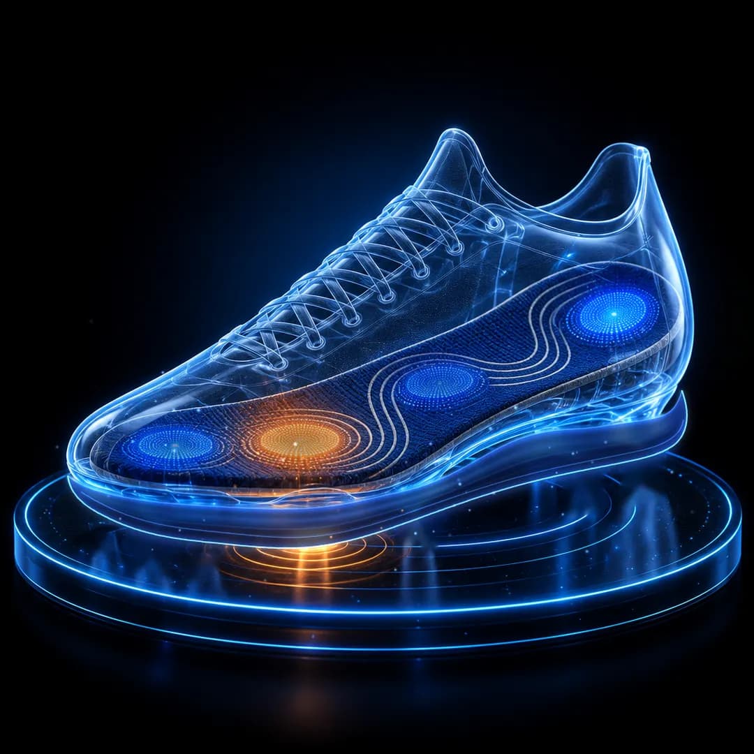 A Mirai Tech insole inside a transparent running shoe: four pressure zones light up from heel to toe, with live ground-contact readings